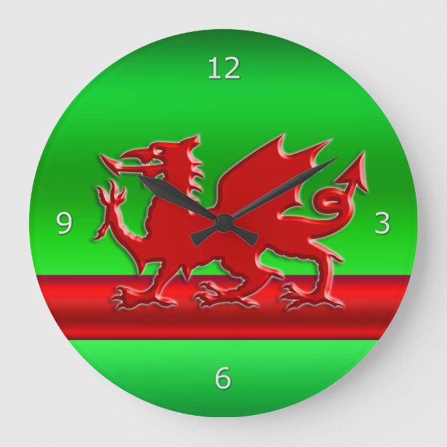 Grande Horloge Ronde Dragon gallois stylisé rouge sur un look métalliqu (Recto)