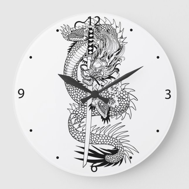 Grande Horloge Ronde Dragon japonais avec épée de katana  (Recto)