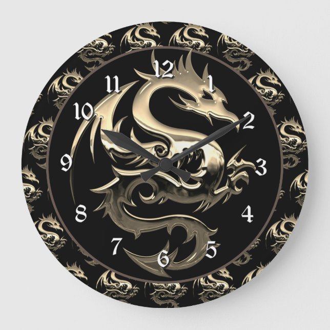 Grande Horloge Ronde Dragon Métallique Doré (Recto)