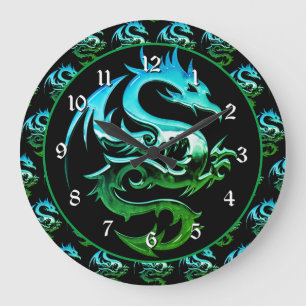 Grande Horloge Ronde Dragon métallique vert