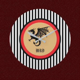Grande Horloge Ronde Dragon Noir avec Monogramme n Rayures Noires et Bl