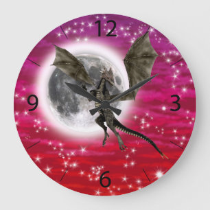 Grande Horloge Ronde Dragon Noir - Créature Fantastique Mythique Ciel R