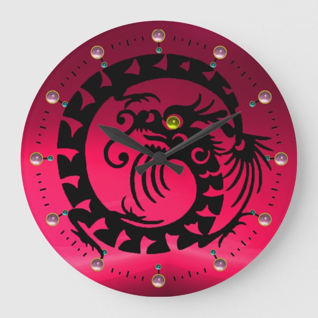 GRANDE HORLOGE RONDE DRAGON NOIR, GEMMES JAUNES PINK FUCHSİA (Recto)