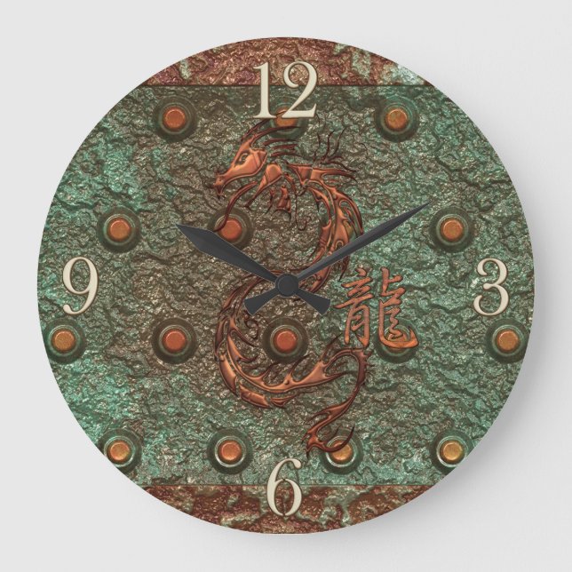 Grande Horloge Ronde Dragon Steampunk sur plaque d'acier (Recto)