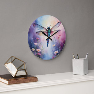 Grande Horloge Ronde Dragonfly with Flowers Purple Watercolor