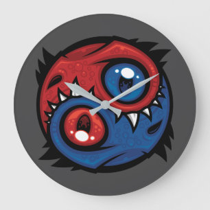 Grande Horloge Ronde Dragons Yin Yang Rouge et Bleu