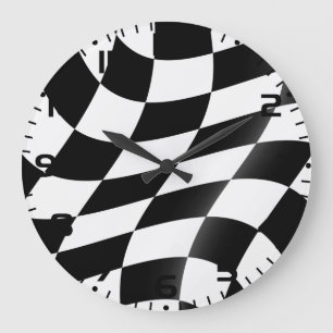 Grande Horloge Ronde Drapeau à carreaux noir et blanc ondulé de course