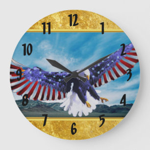 Grande Horloge Ronde Drapeau américain Aigle volant dans le ciel feuill