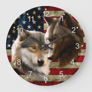 Grande Horloge Ronde Drapeau américain des loups