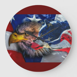 Grande Horloge Ronde Drapeau américain du loup d'aigle chauve