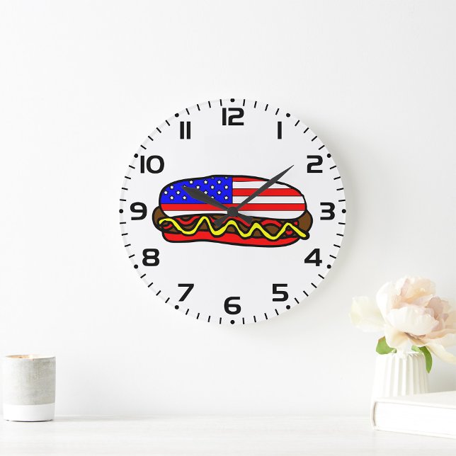 Grande Horloge Ronde Drapeau américain patriotique Hot Dog (Créateur téléchargé)