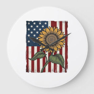 Grande Horloge Ronde Drapeau Américain Tournesol Vintage