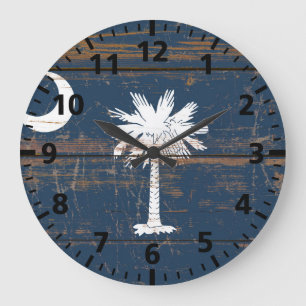 Grande Horloge Ronde Drapeau ancien en bois de l'État de Caroline du Su
