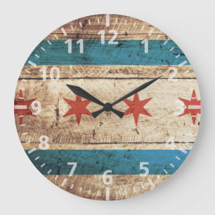 Grande Horloge Ronde Drapeau de Chicago sur le vieux grain en bois