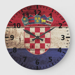 Grande Horloge Ronde Drapeau de la Croatie sur le vieux grain en bois