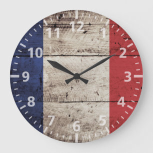 Grande Horloge Ronde Drapeau de la France sur le vieux grain en bois
