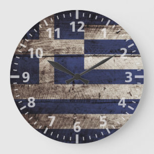 Grande Horloge Ronde Drapeau de la Grèce sur le vieux grain en bois