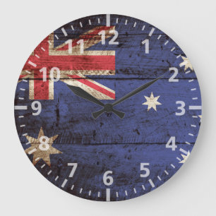 Grande Horloge Ronde Drapeau de l'Australie sur un vieux grain de bois