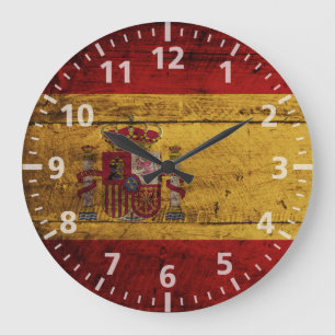 Grande Horloge Ronde Drapeau de l'Espagne sur le vieux grain en bois