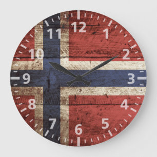 Grande Horloge Ronde Drapeau de Norvège sur le vieux grain de bois