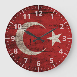 Grande Horloge Ronde Drapeau de Turquie sur le vieux grain de bois
