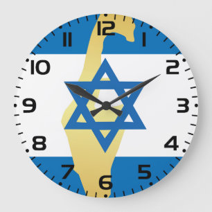 Grande Horloge Ronde Drapeau d'Israël et carte avec emblème de l'étoile