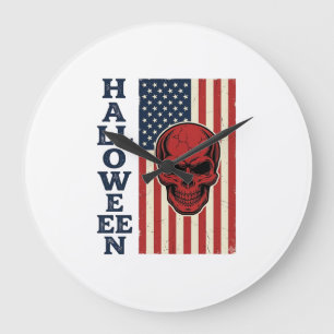 Grande Horloge Ronde Drapeau effrayant vintage patriotique crâne Hallow