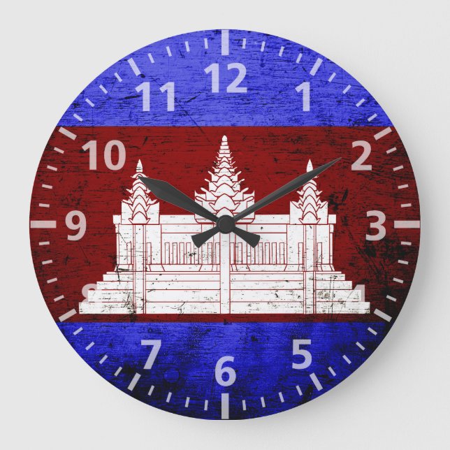Grande Horloge Ronde Drapeau grunge noir du Cambodge (Recto)