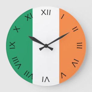 Grande Horloge Ronde Drapeau irlandais Noir chiffres romains wccn