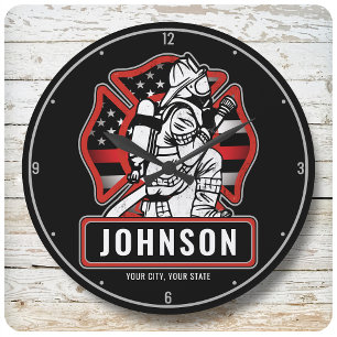 Grande Horloge Ronde Drapeau patriotique personnalisé de pompier