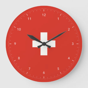 Grande Horloge Ronde Drapeau suisse croix blanche et chiffres d'heure c