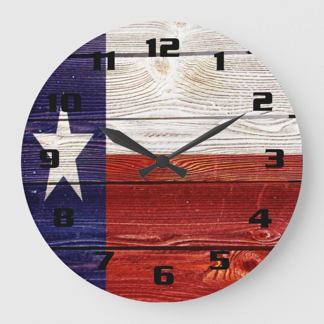 Grande Horloge Ronde Drapeau texan sur texture de bois rustique (Recto)