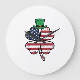 Grande Horloge Ronde Drapeau Trèfle Vintage Fête de la Saint-Patrick