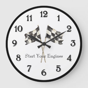 Grande Horloge Ronde Drapeaux de voiture de course Black White Racing