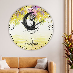 Grande Horloge Ronde Dreamcatcher avec chat   Suivez vos rêves