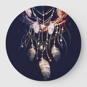 Grande Horloge Ronde Dreamcatcher, branches, style boho, art numérique.