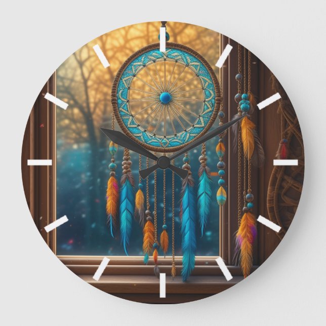 Grande Horloge Ronde Dreamcatcher dans une fenêtre Feuilles d'automne (Recto)