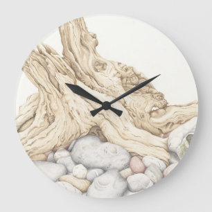 Grande Horloge Ronde Driftwood & Pebbles in Coloured Pencil Wall Clock