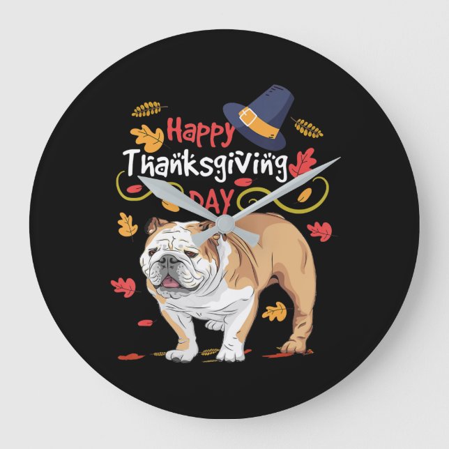 Grande Horloge Ronde Drôle cadeau Thanksgiving pour Bulldog anglais (Recto)