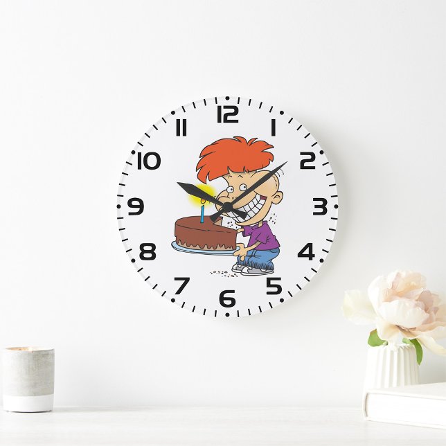 Grande Horloge Ronde Drôle caricaturiste avec gâteau d'anniversaire au  (Créateur téléchargé)