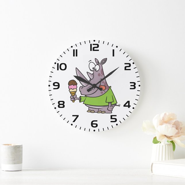 Grande Horloge Ronde Drôle Cartoon Rhino Manger de la crème glacée mign (Créateur téléchargé)
