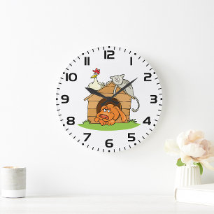 Grande Horloge Ronde Drôle chat de chien caricaturé et poulet sur la ni