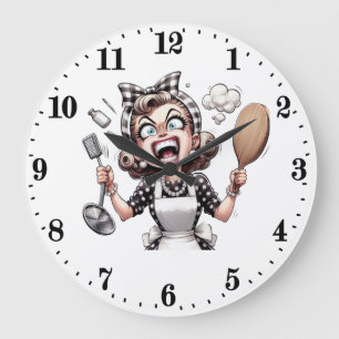 Grande Horloge Ronde Drôle dame de cuisine vintage