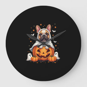 Grande Horloge Ronde Drôle de Bulldog Anglais Fantôme Boo Halloween Fem