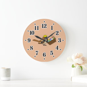 Grande Horloge Ronde Drôle mignon oiseau avec panier d'oeufs colorés