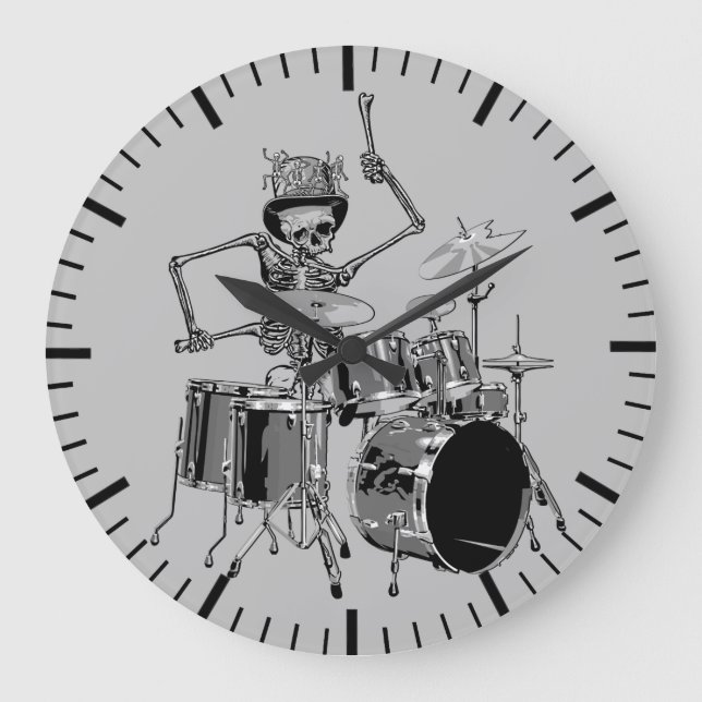 Grande Horloge Ronde Drôle Top Hat Skeleton Drummer Thème de musique  (Recto)