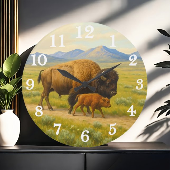 Grande Horloge Ronde Duo de bisons dans une prairie dorée (Créateur téléchargé)