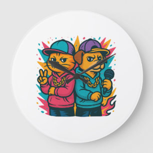 Grande Horloge Ronde Duo de rap cool chat et chien