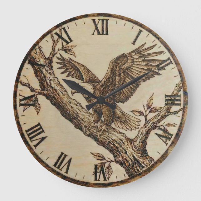 Grande Horloge Ronde Eagle Wall Clock – Woodland Rustic Style (Recto)