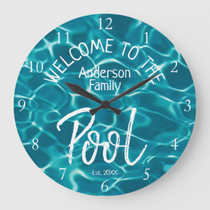 Grande Horloge Ronde Eau Aqua Personnalisée Bienvenue à la Piscine Fami